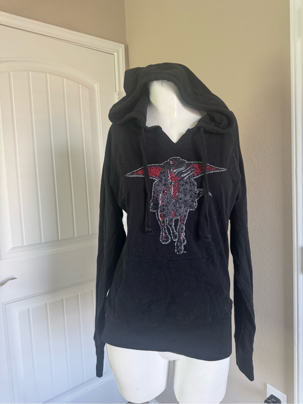 Pressbox Black Hooded Pullover Sweathirt featuring a rhinestone masked rider